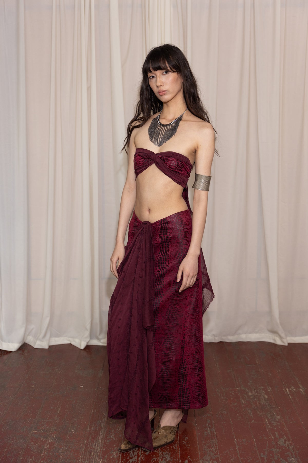 HUNGRAS Faux Leather Spliced Hippie Tube Top