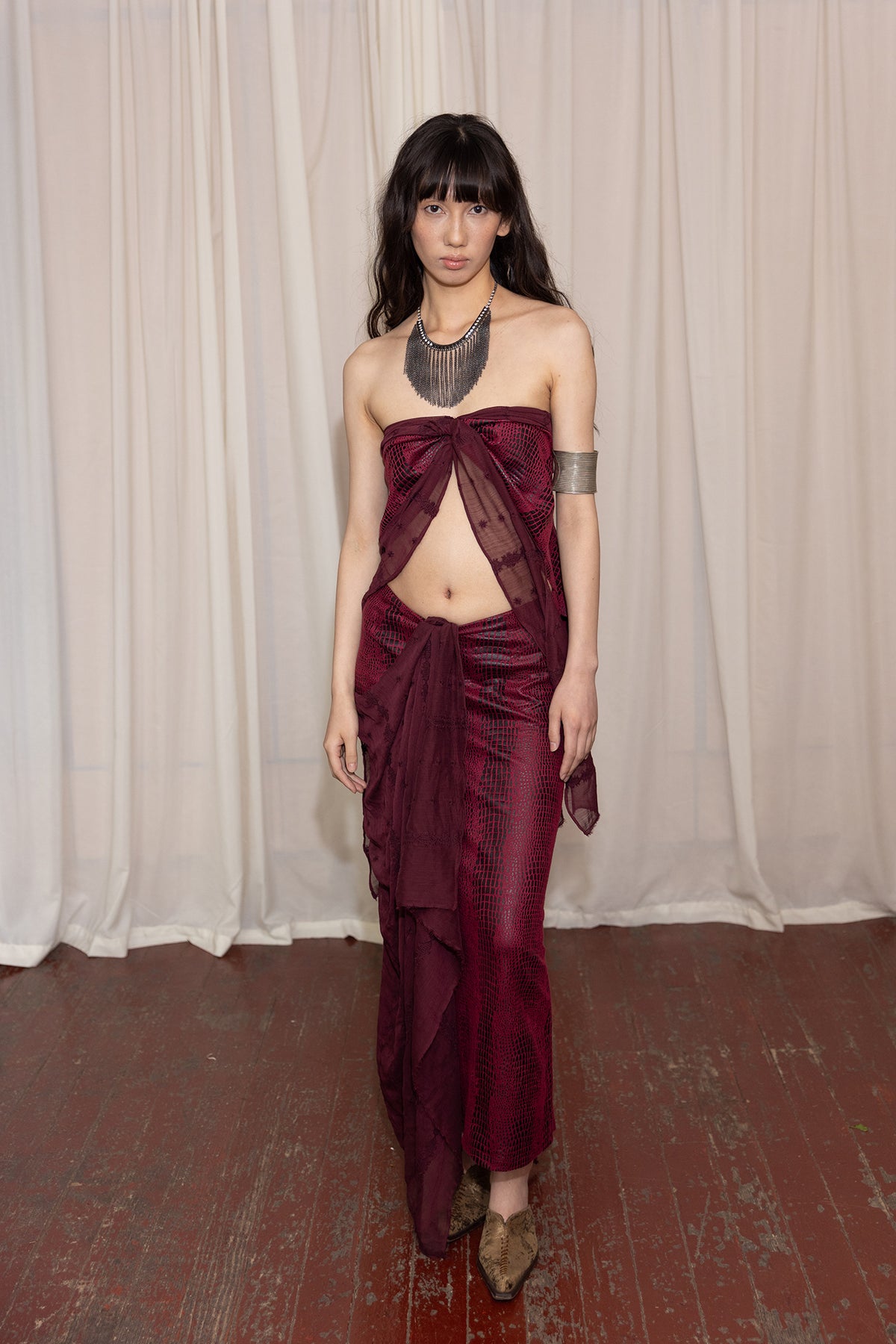 HUNGRAS Faux Leather Spliced Hippie Tube Top