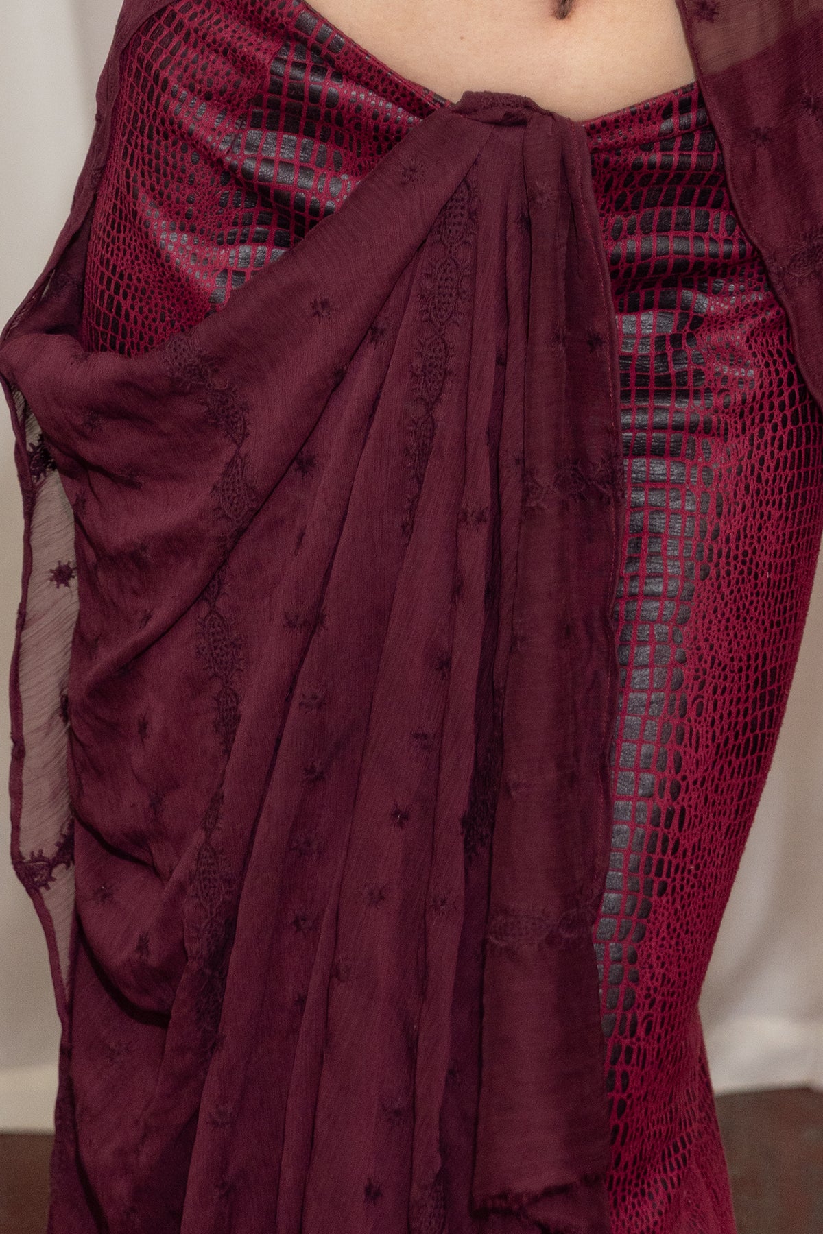 HUNGRAS Faux Leather Spliced Midi Skirt