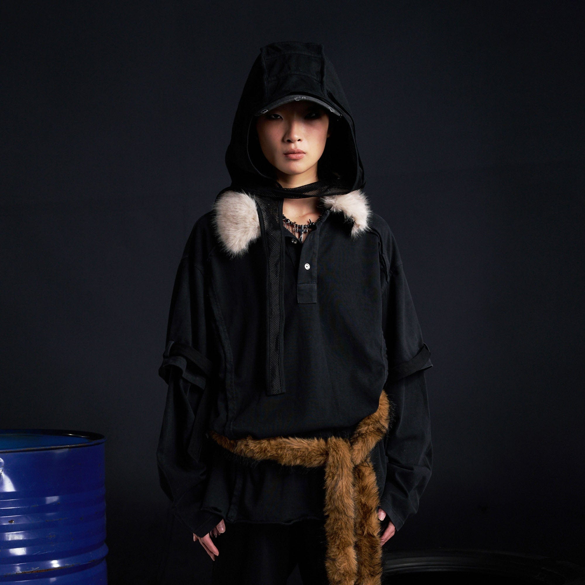 RECOVER ZONE Detachable Faux Fur Collar Long Sleeve Shirt, premium urban and streetwear designers apparel on PROJECTISR.com, RECOVER ZONE