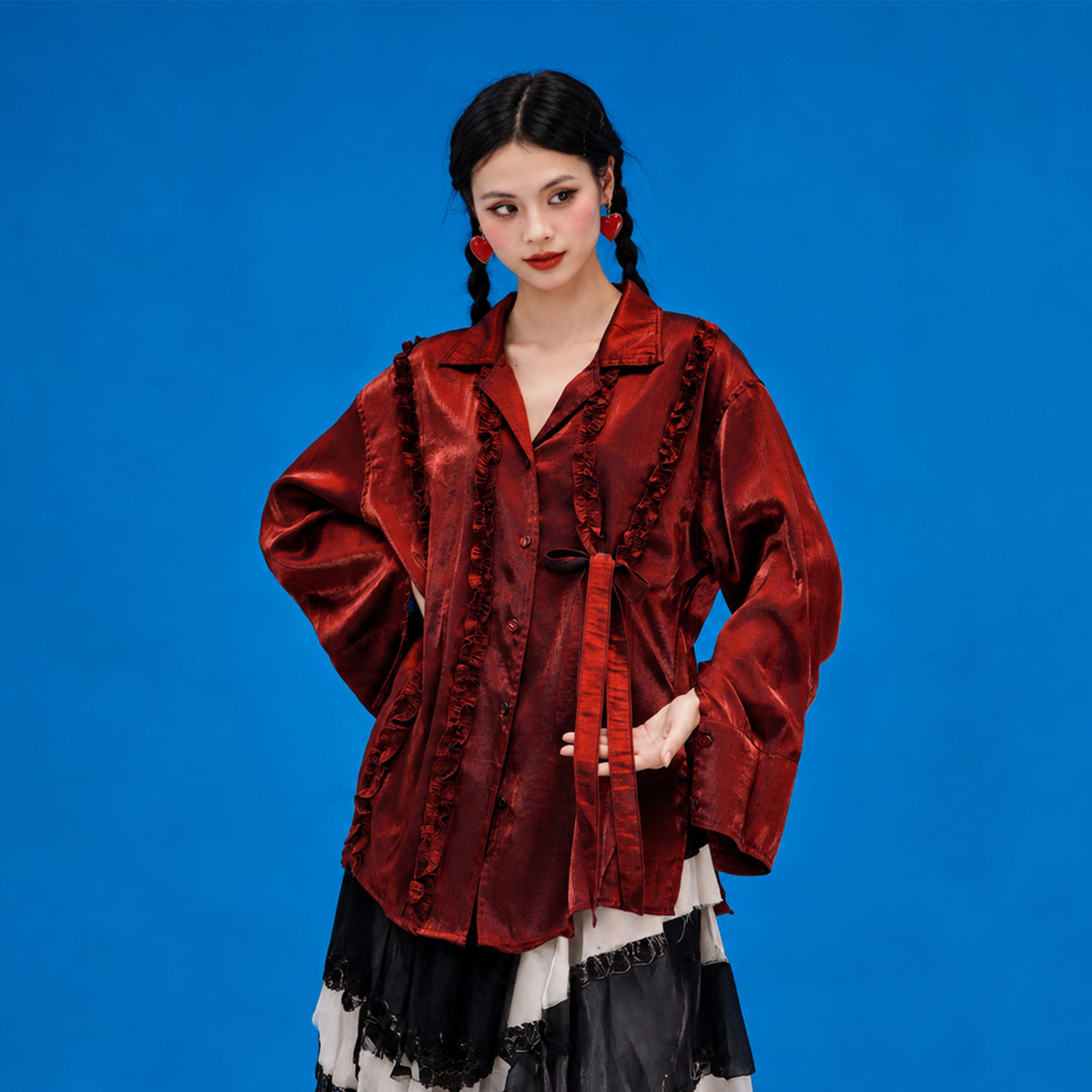 NOPMOB Satin Ruffled Iridescent Oversized Shirt