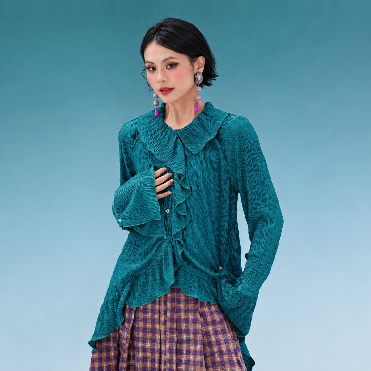 NOPMOB Crinkled Ruffle-Trim Satin Shirt