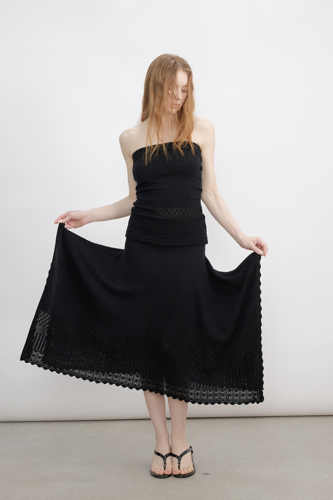 VERSION9 Handkerchief Hem Knit-Trim Midi Skirt