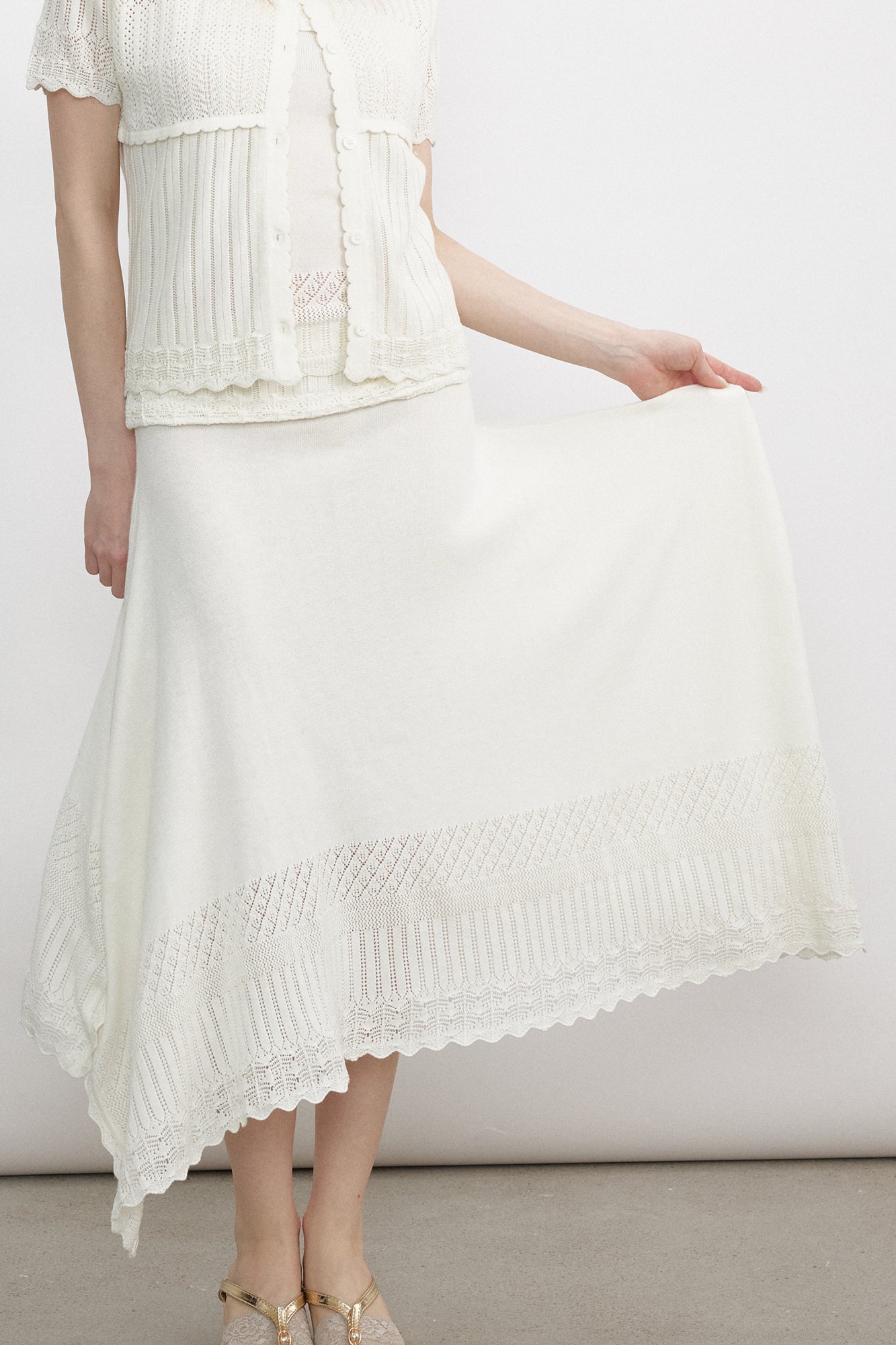 VERSION9 Handkerchief Hem Knit-Trim Midi Skirt