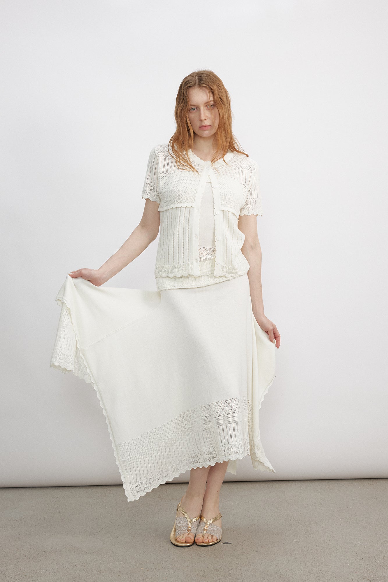 VERSION9 Handkerchief Hem Knit-Trim Midi Skirt