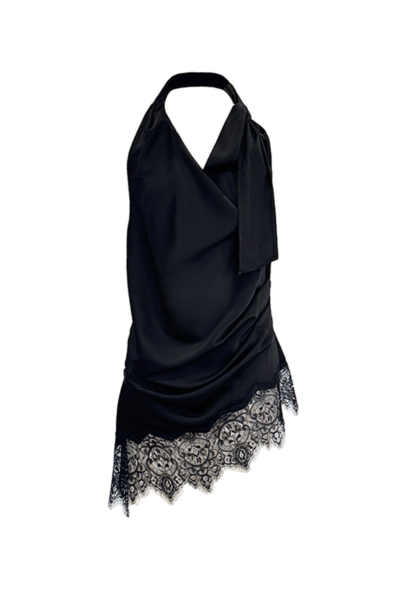 LAYERS Cowl Neck Open-Back Lace Trim Halter Top