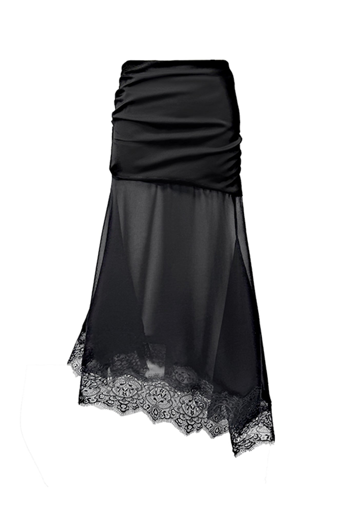 LAYERS Ruched Lace Trim Asymmetrical Midi Skirt