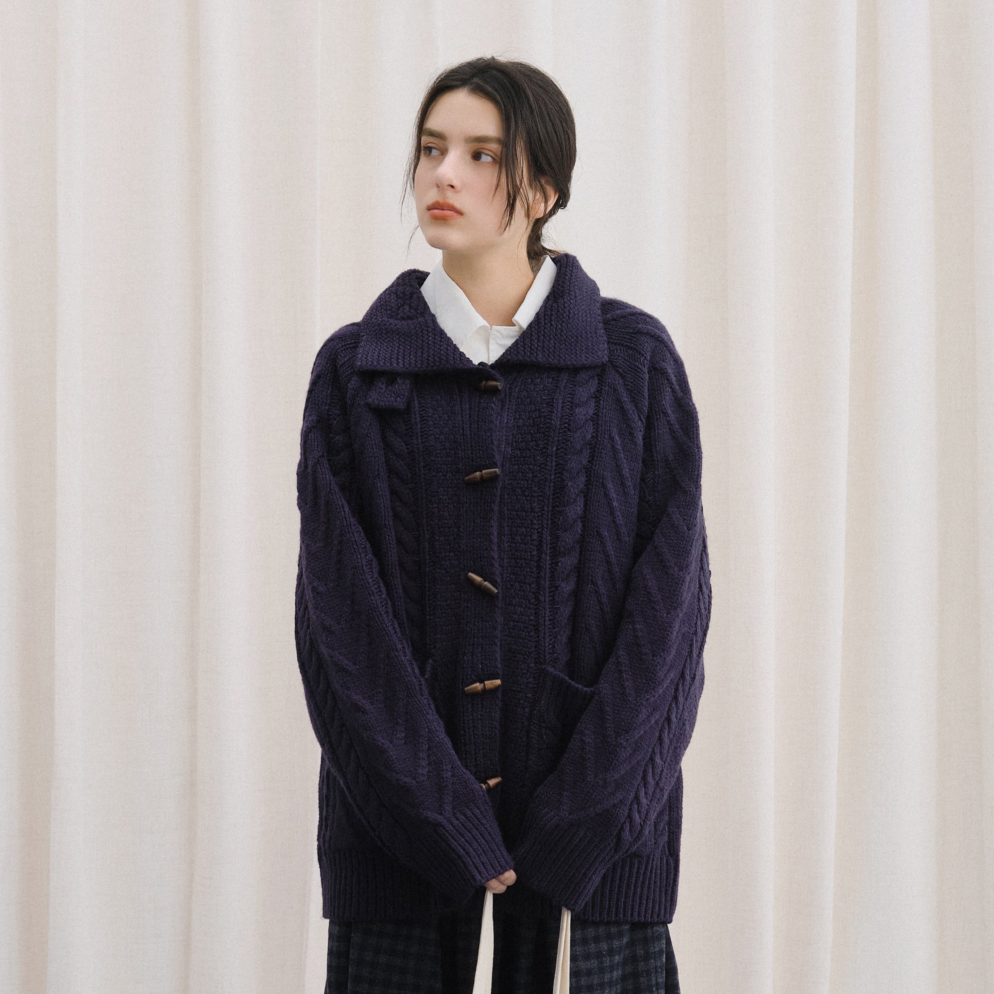 LIVINGTOWN Toggle Wool-Blend Tab Collar Cardigan