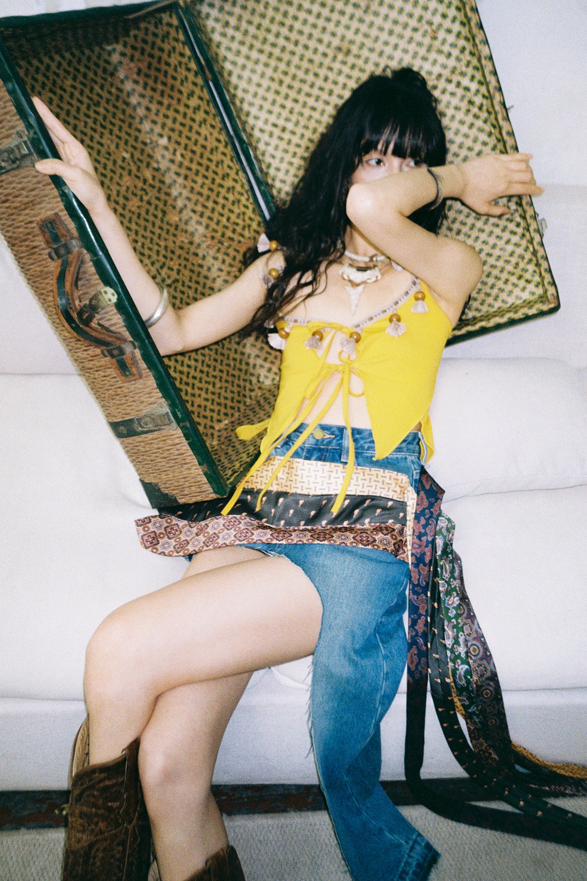 HUNGRAS Tie-Spliced Distressed Denim Skirt