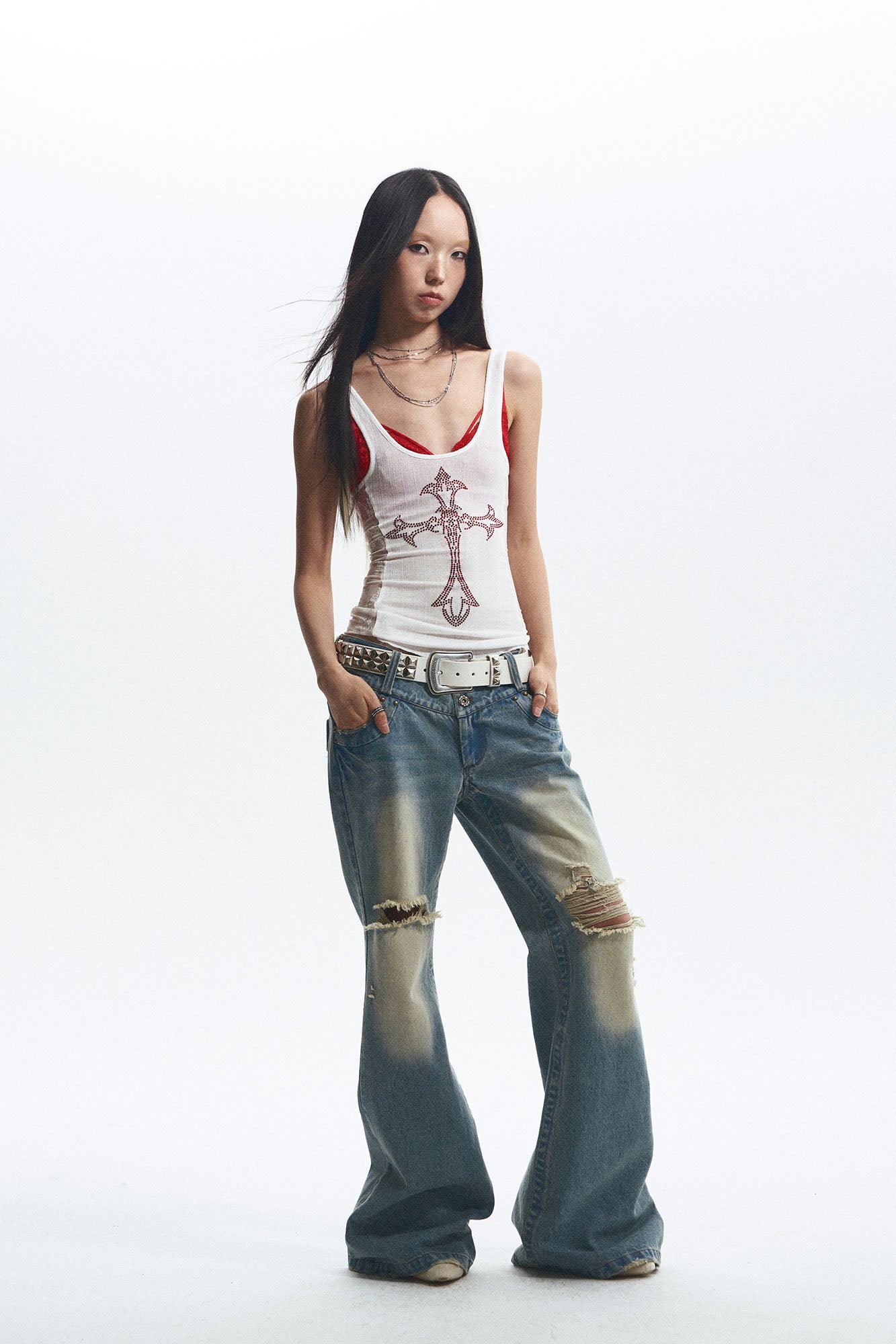 NONAME SPACE Diamond Cross Lace Panel Tank Top