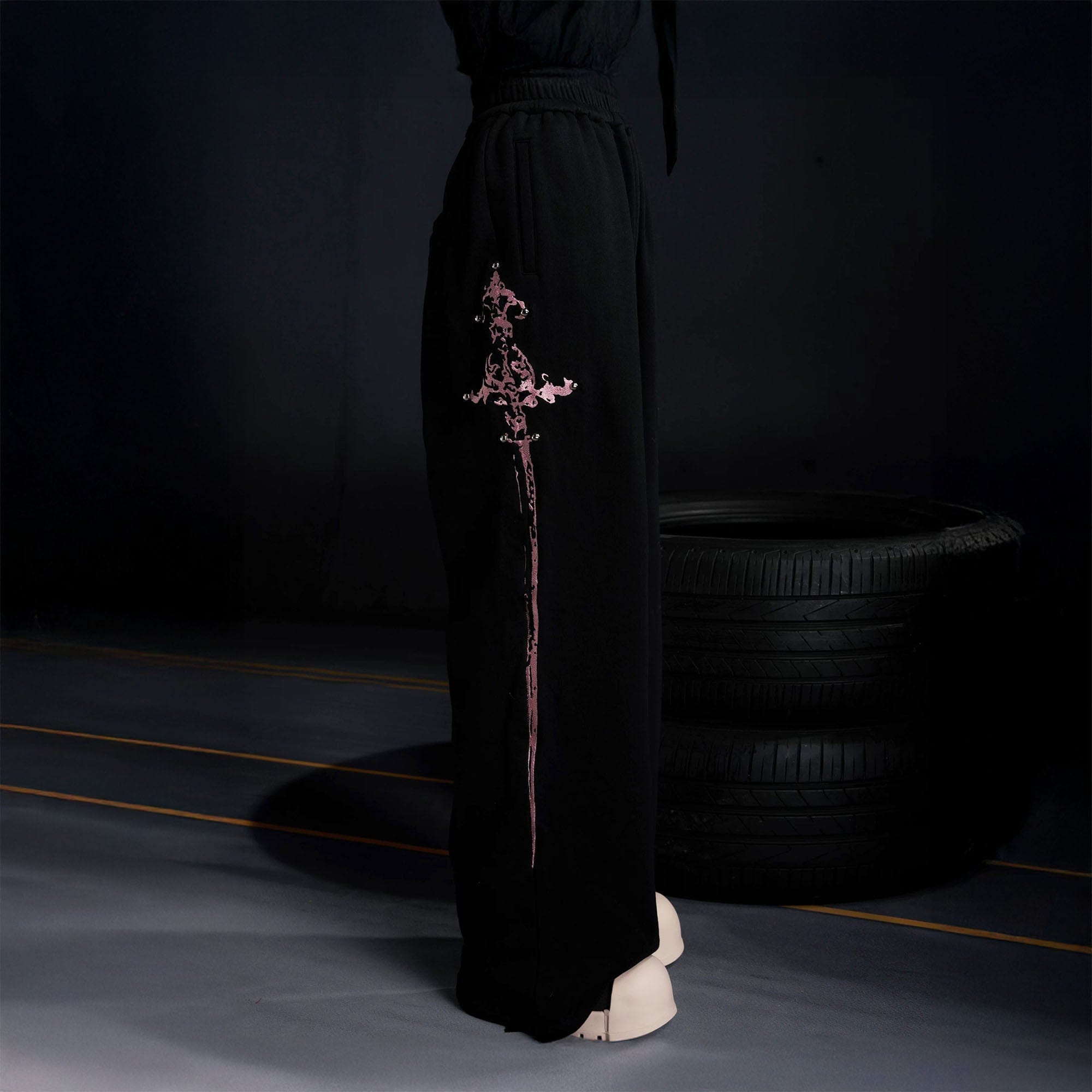 RECOVER ZONE Embroidered Sword Studded Wide-Leg Sweatpants, premium urban and streetwear designers apparel on PROJECTISR.com, RECOVER ZONE