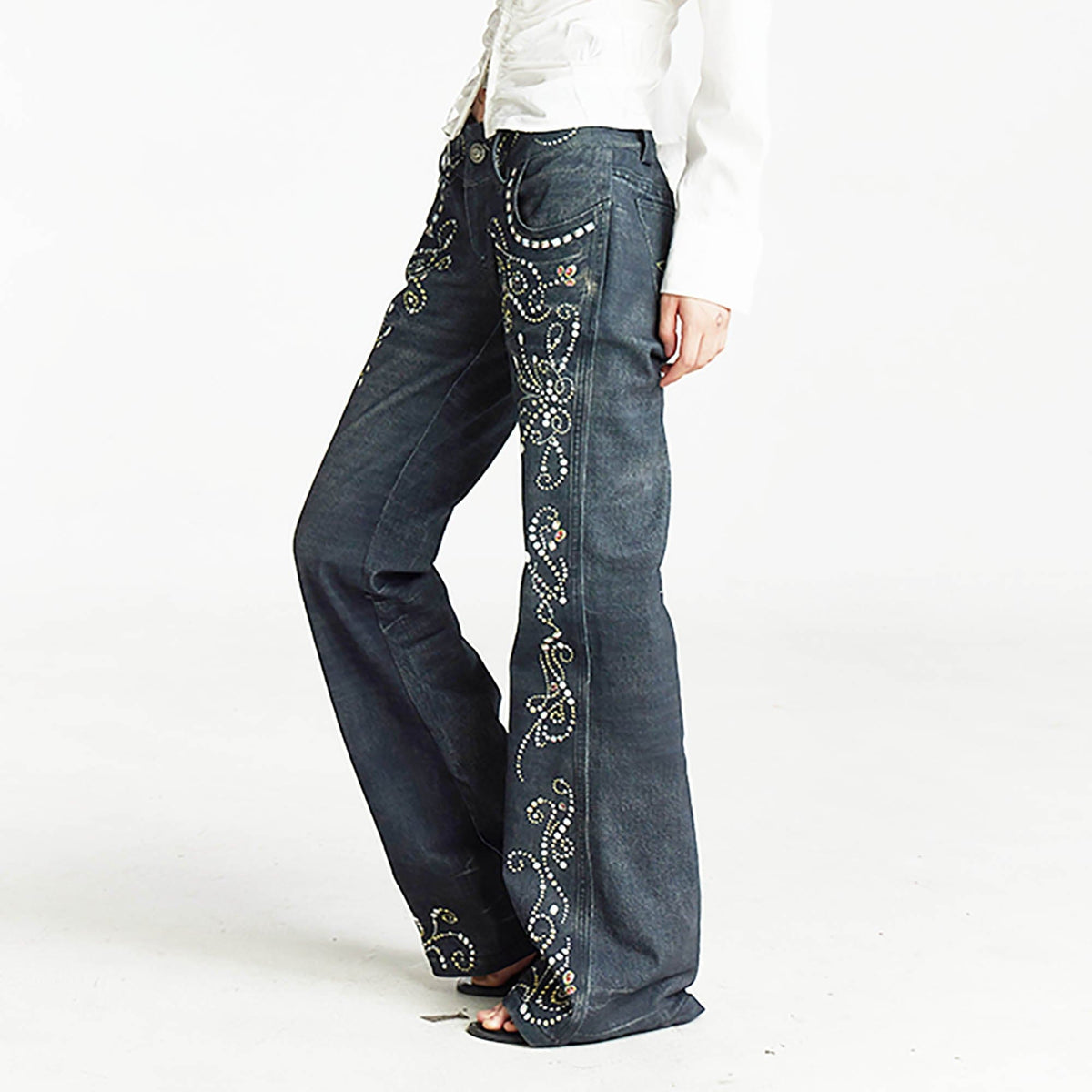 FAYCHUI Retro Gemstone Floral Flared Low-Rise Jeans
