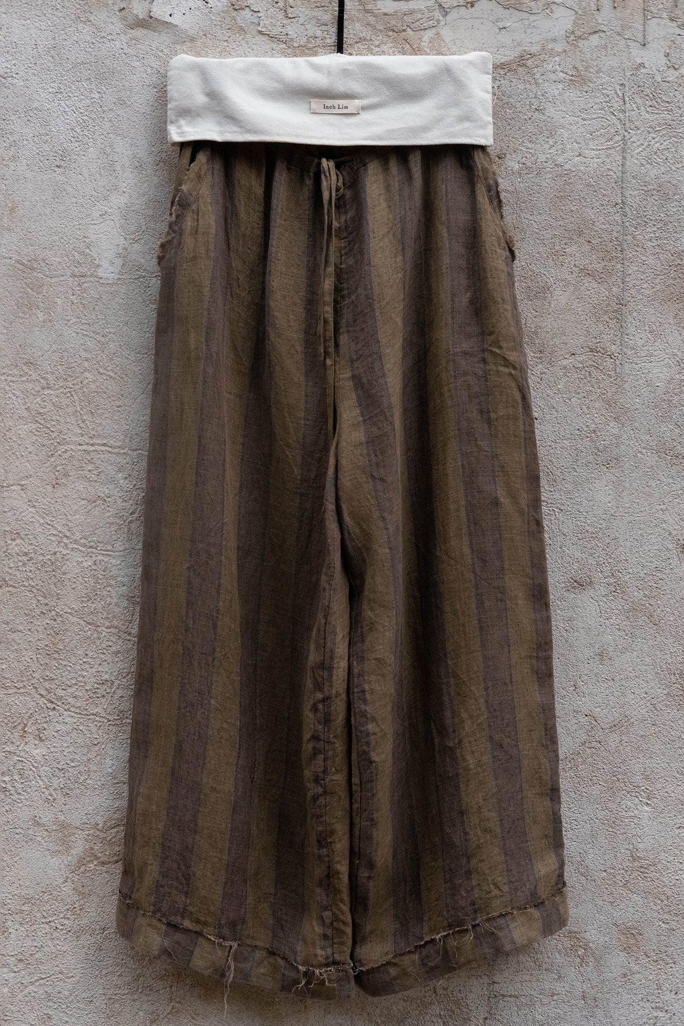 INCH LIM Striped Raw-Edge Drawstring Wide-Leg Pants