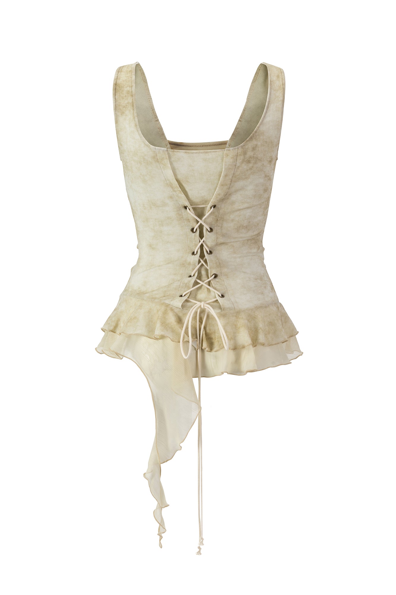 CESTNOUS Studded Lace-Up Back Ruffle-Hem Tank Top