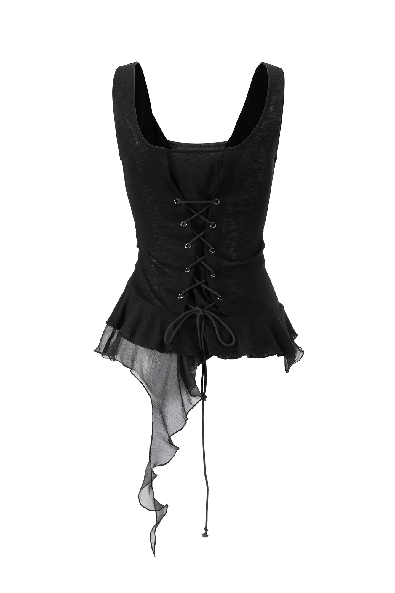 CESTNOUS Studded Lace-Up Back Ruffle-Hem Tank Top