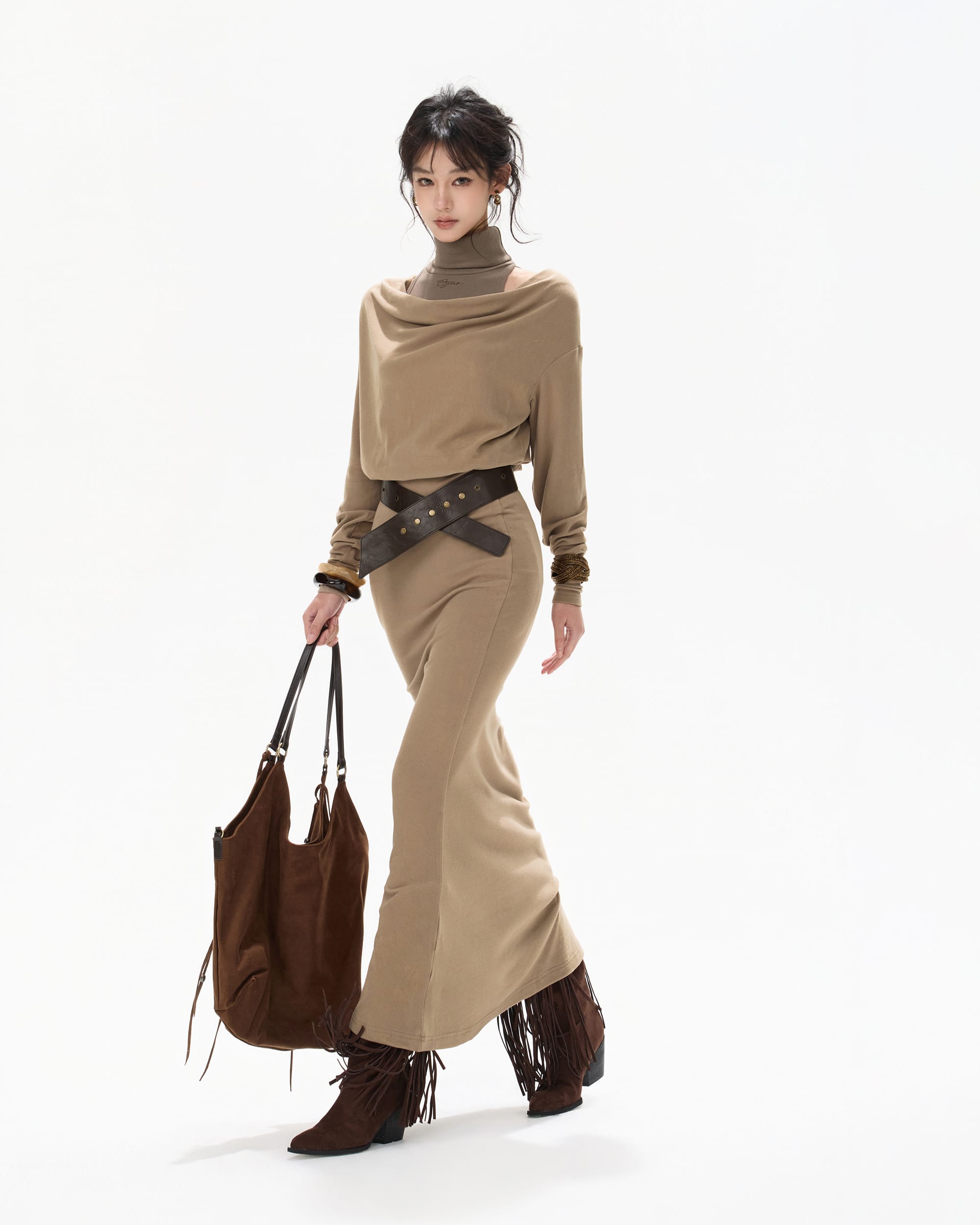 CYNR Off-Shoulder Cowl Layered Knit Mermaid Dress
