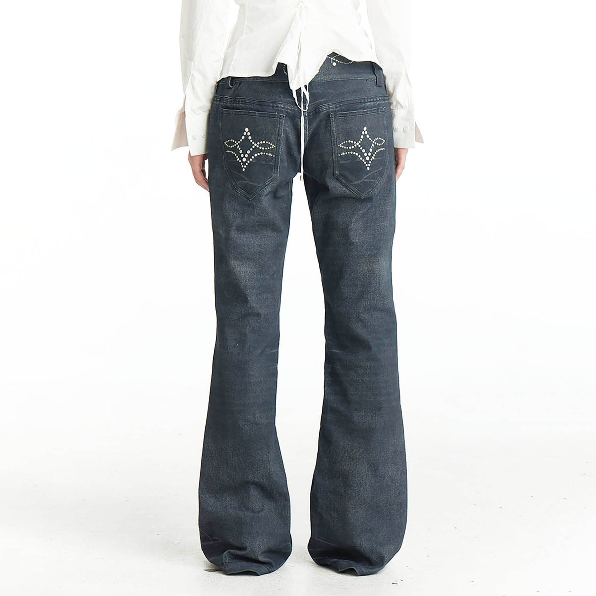 FAYCHUI Retro Gemstone Floral Flared Low-Rise Jeans