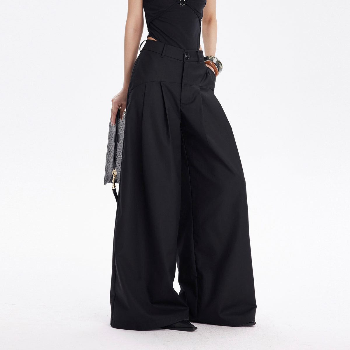 TINY IN STUDIO Curved Paneled Pleated Wide-Leg Pants