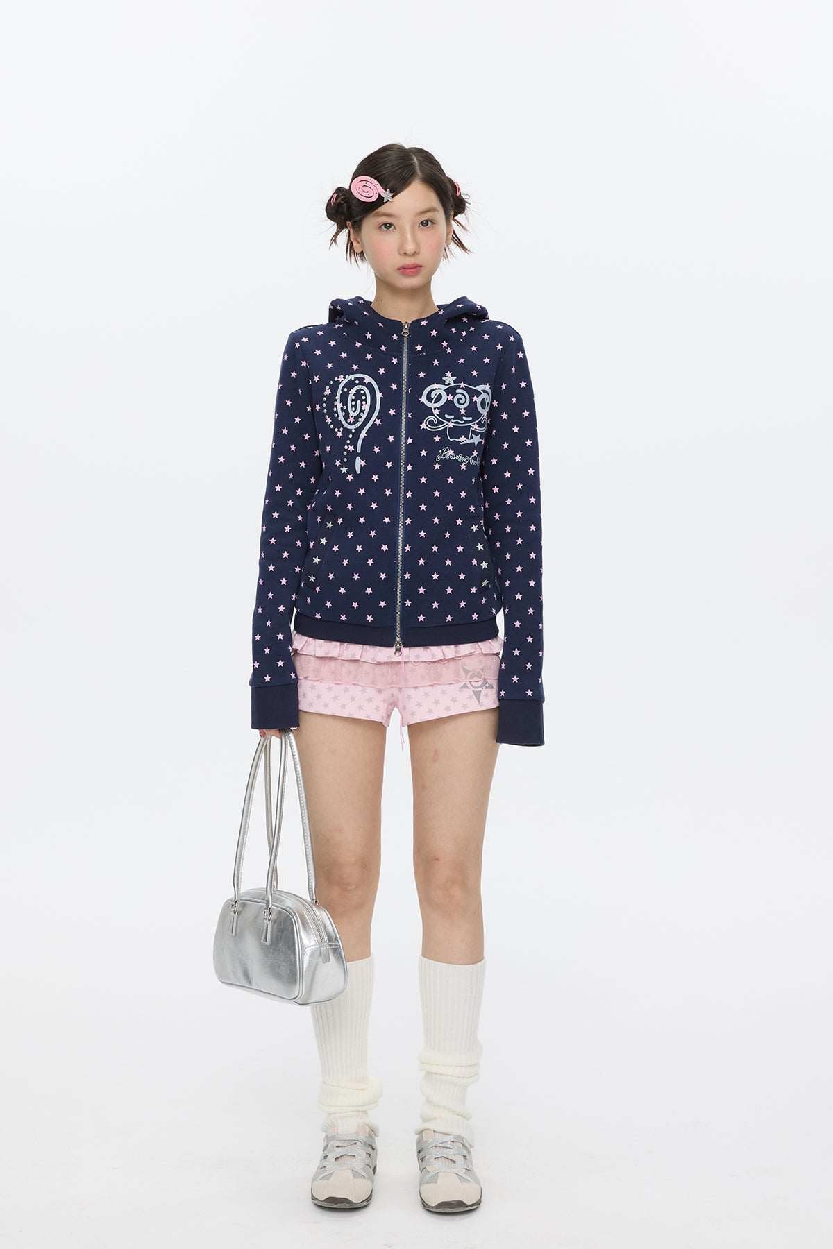 BETWEENAND Glitter Star Full-Print Slim Zip-Up Hoodie