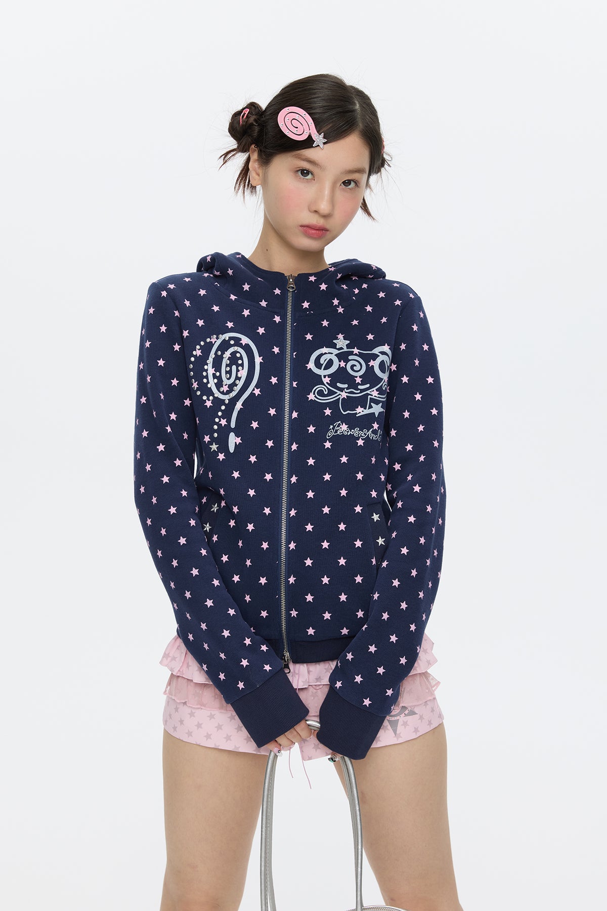 BETWEENAND Glitter Star Full-Print Slim Zip-Up Hoodie