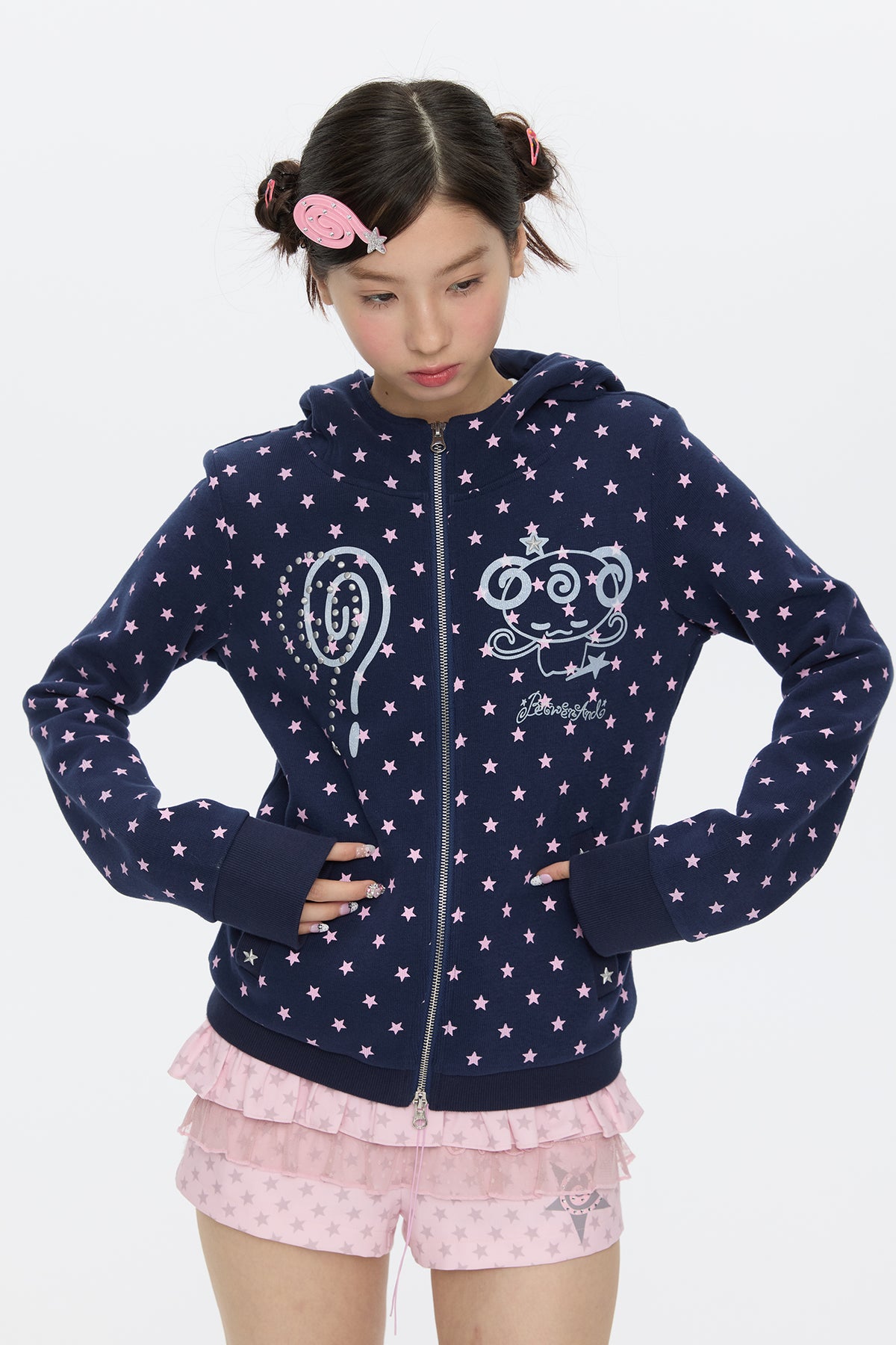 BETWEENAND Glitter Star Full-Print Slim Zip-Up Hoodie