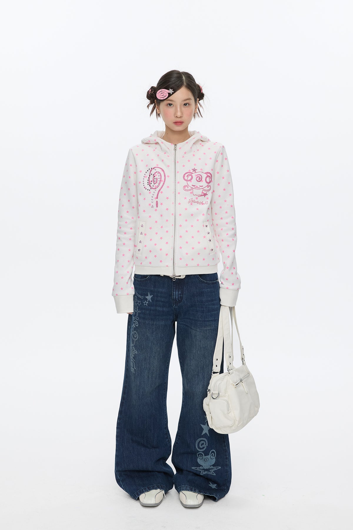BETWEENAND Glitter Star Full-Print Slim Zip-Up Hoodie