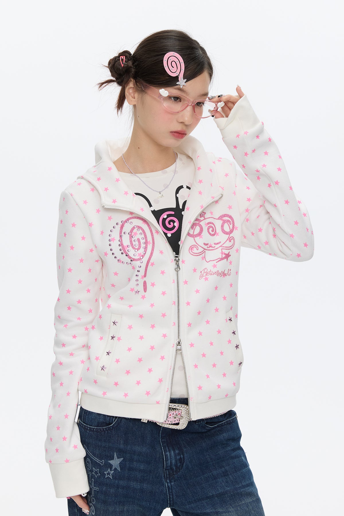 BETWEENAND Glitter Star Full-Print Slim Zip-Up Hoodie