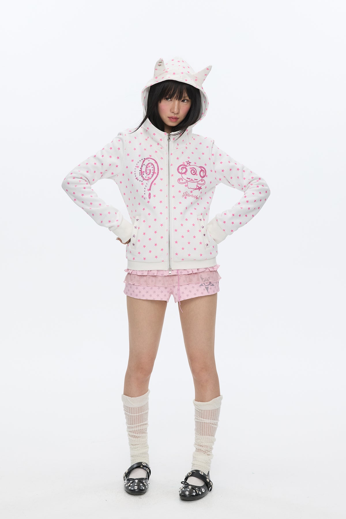 BETWEENAND Glitter Star Full-Print Slim Zip-Up Hoodie