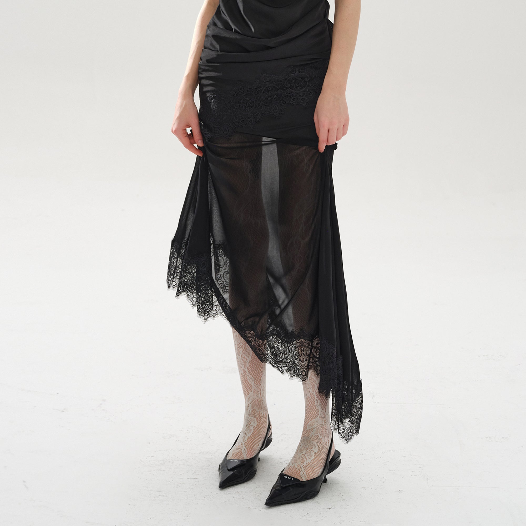 LAYERS Ruched Lace Trim Asymmetrical Midi Skirt