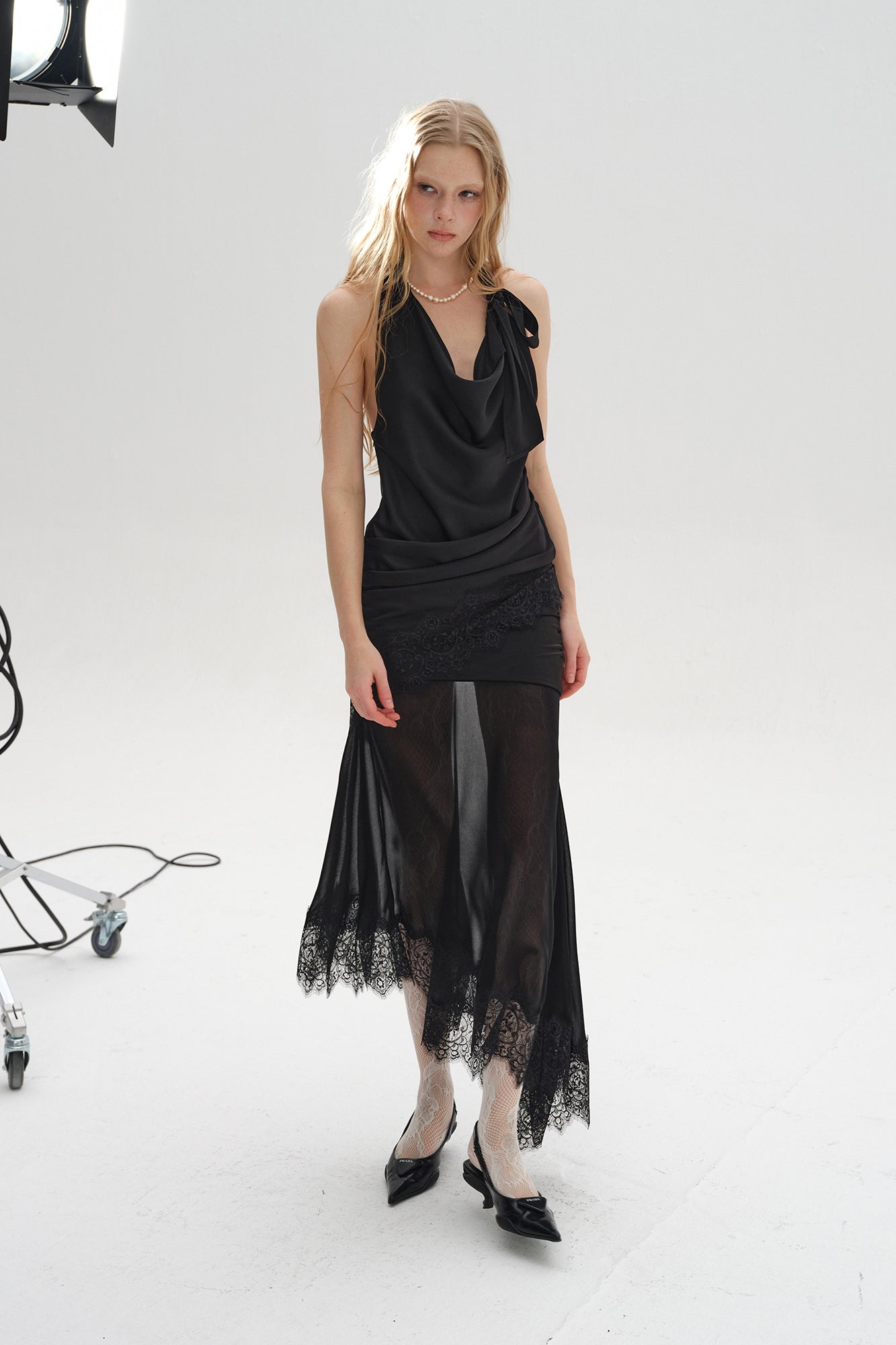LAYERS Ruched Lace Trim Asymmetrical Midi Skirt