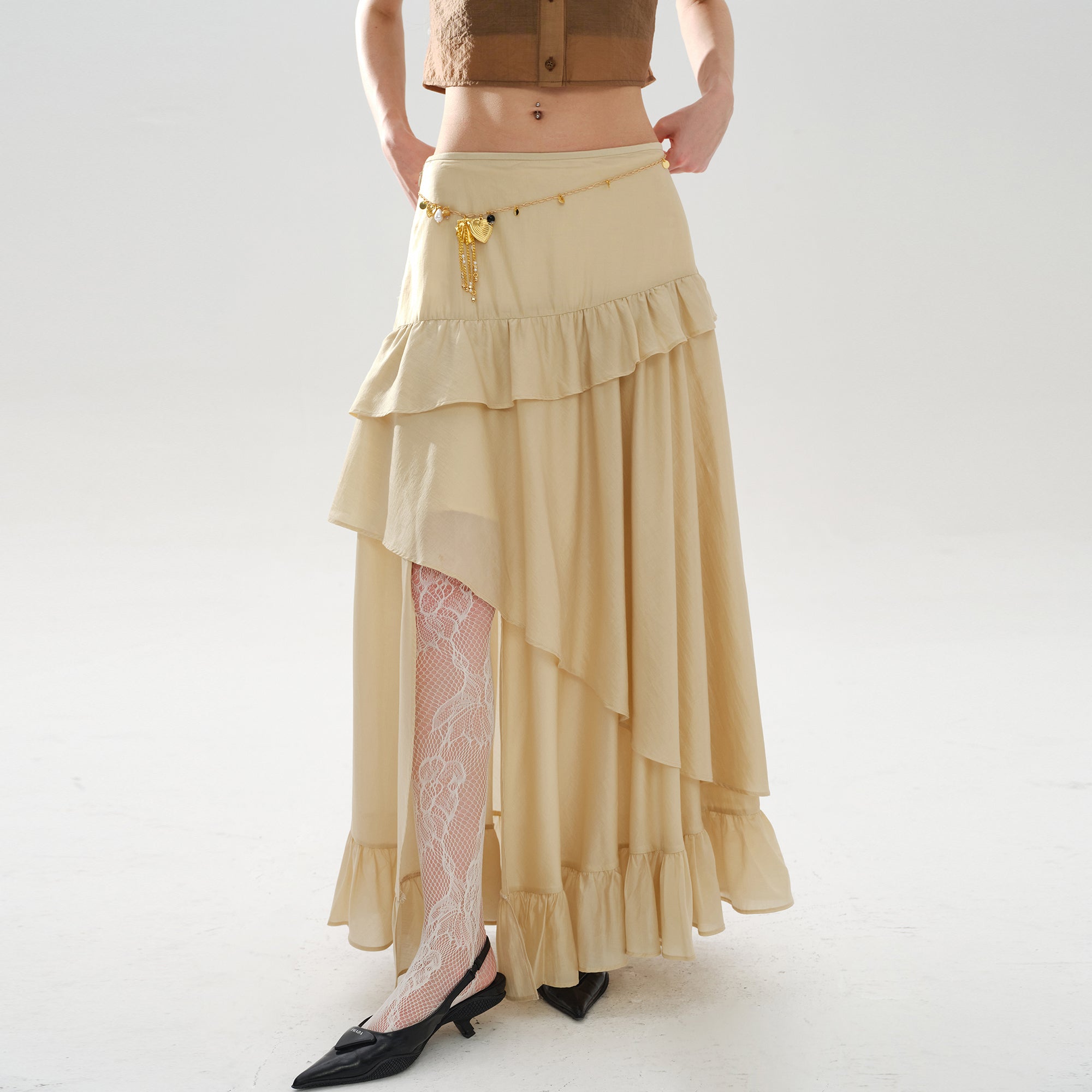 LAYERS Asymmetrical Layered Ruffle Maxi Skirt