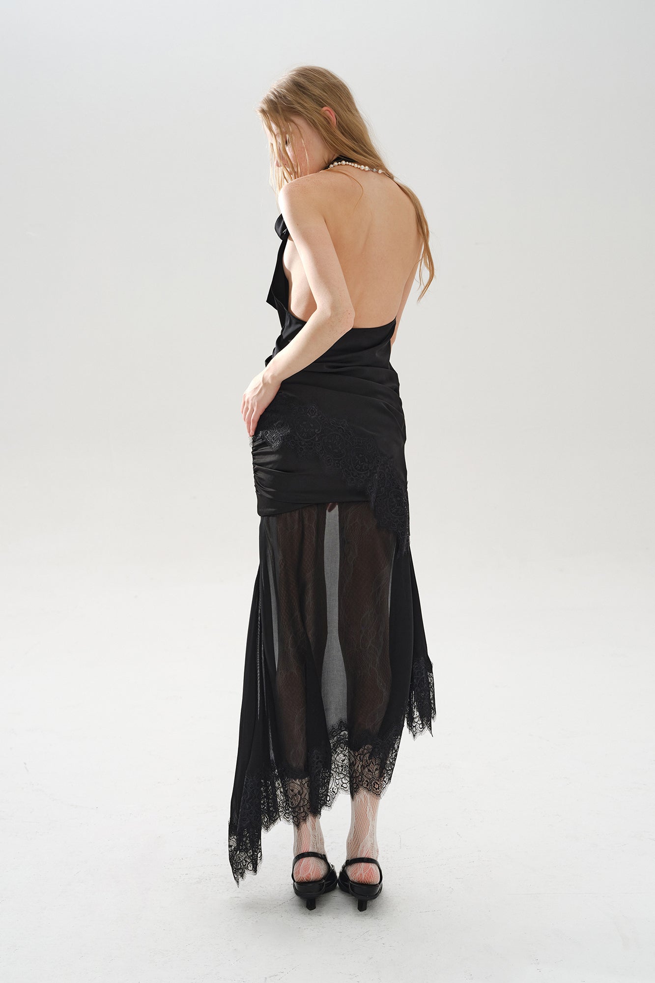 LAYERS Ruched Lace Trim Asymmetrical Midi Skirt