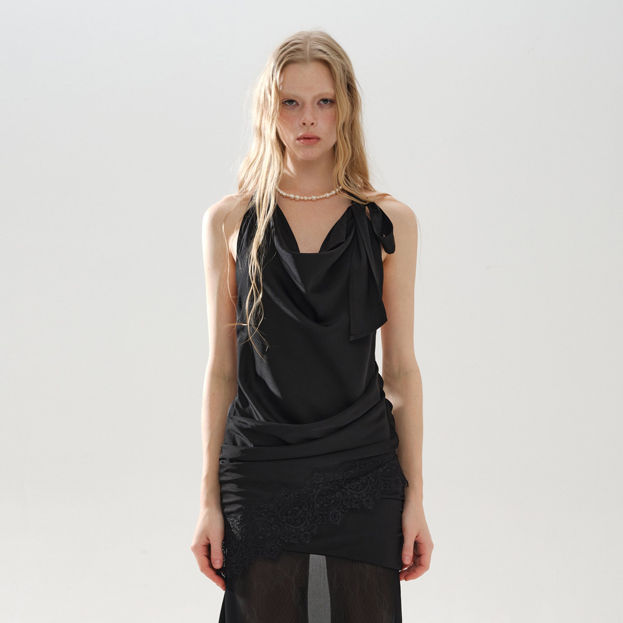 LAYERS Cowl Neck Open-Back Lace Trim Halter Top