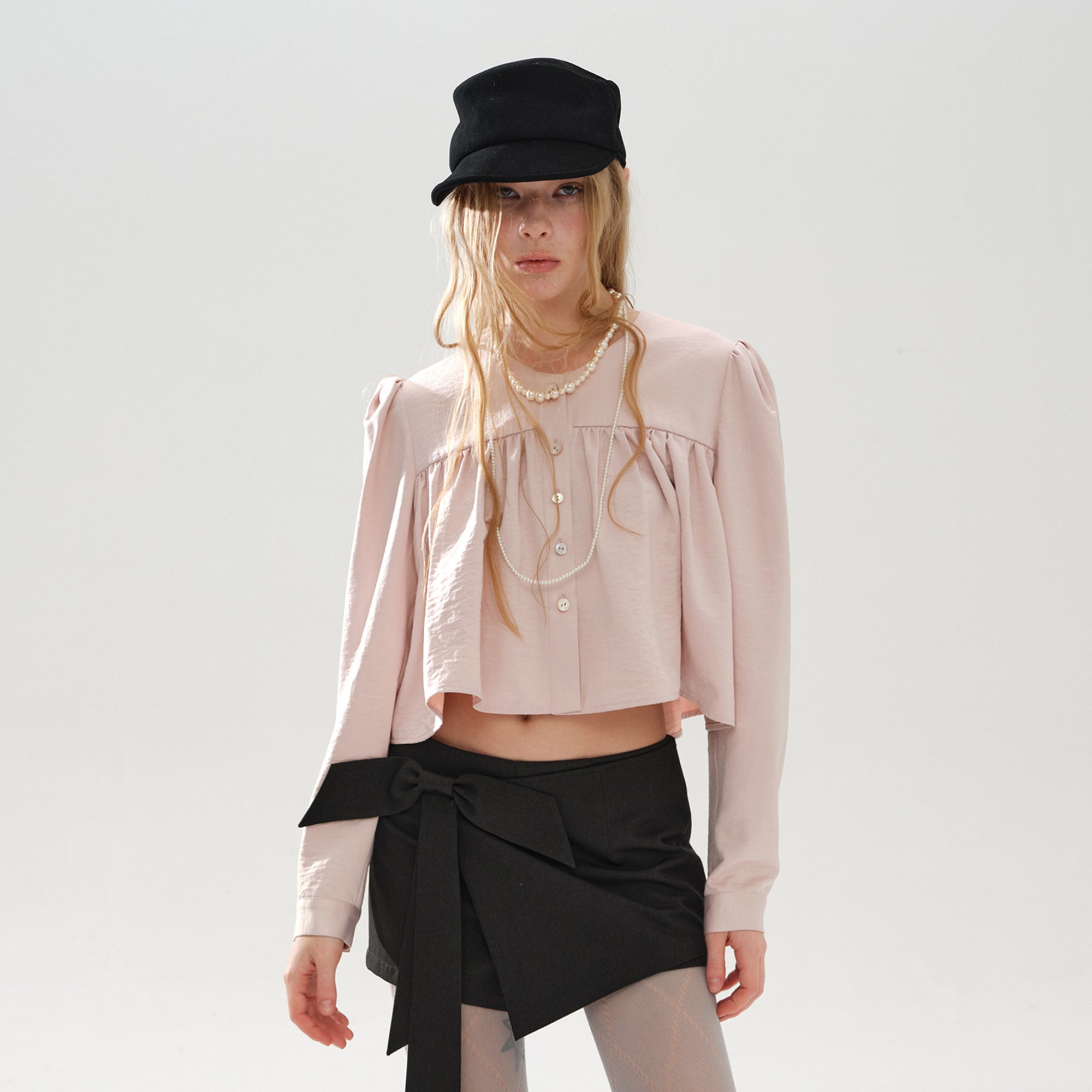 LAYERS Gathered Puff Sleeve Cropped Blouse