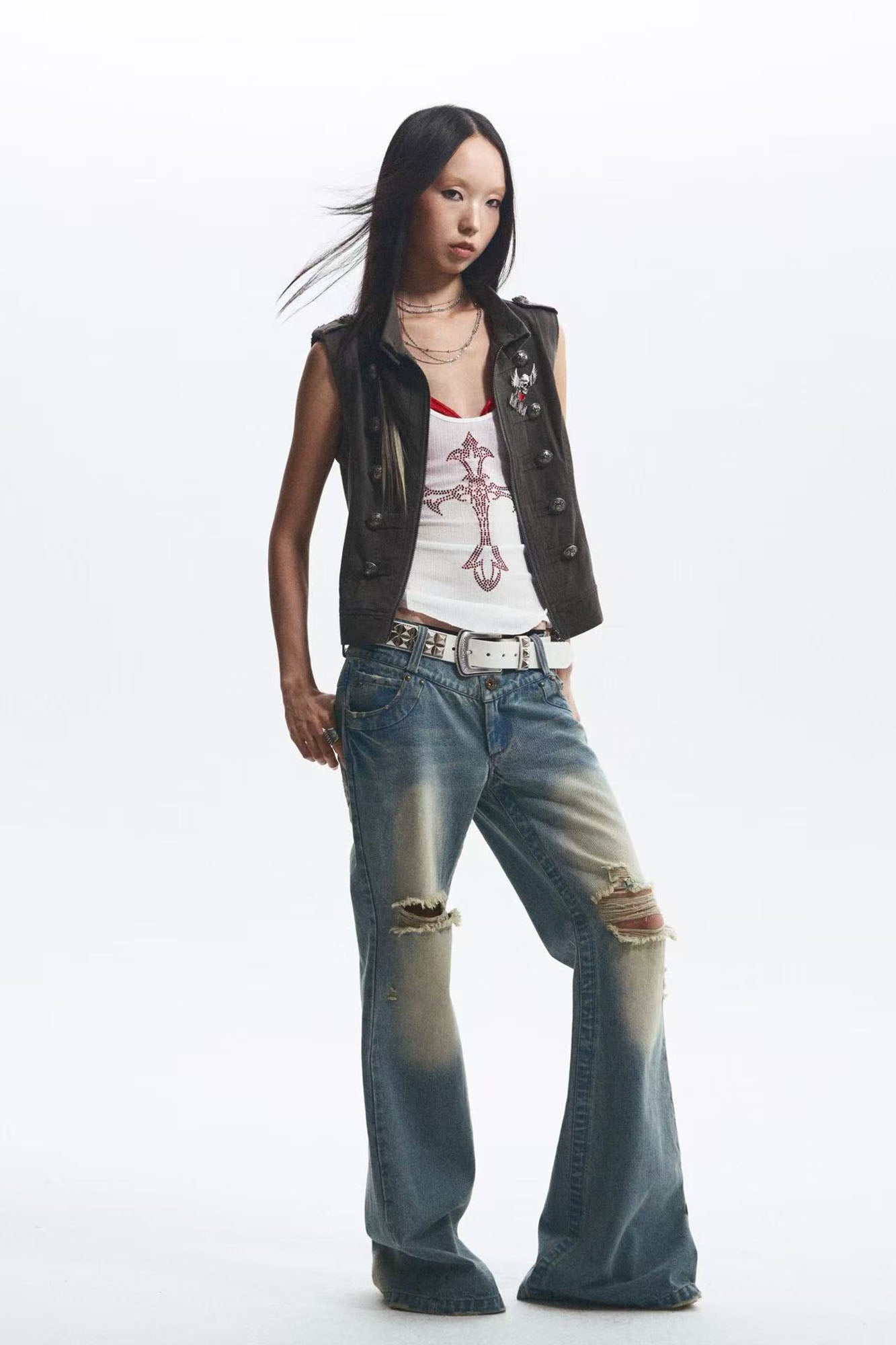 NONAME SPACE Ripped Washed Flared Jeans