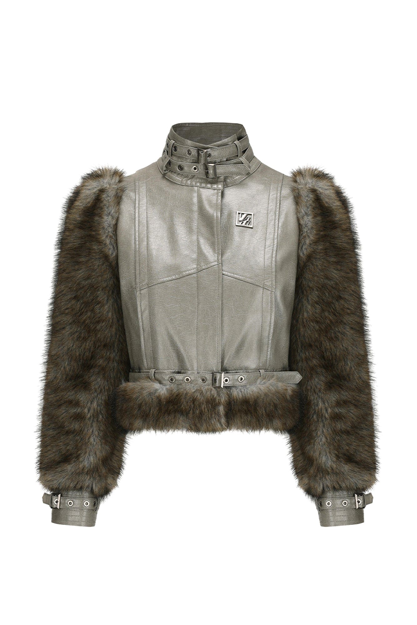 VANN VALRENCE Faux Leather Shearling Sleeve Cropped Jacket