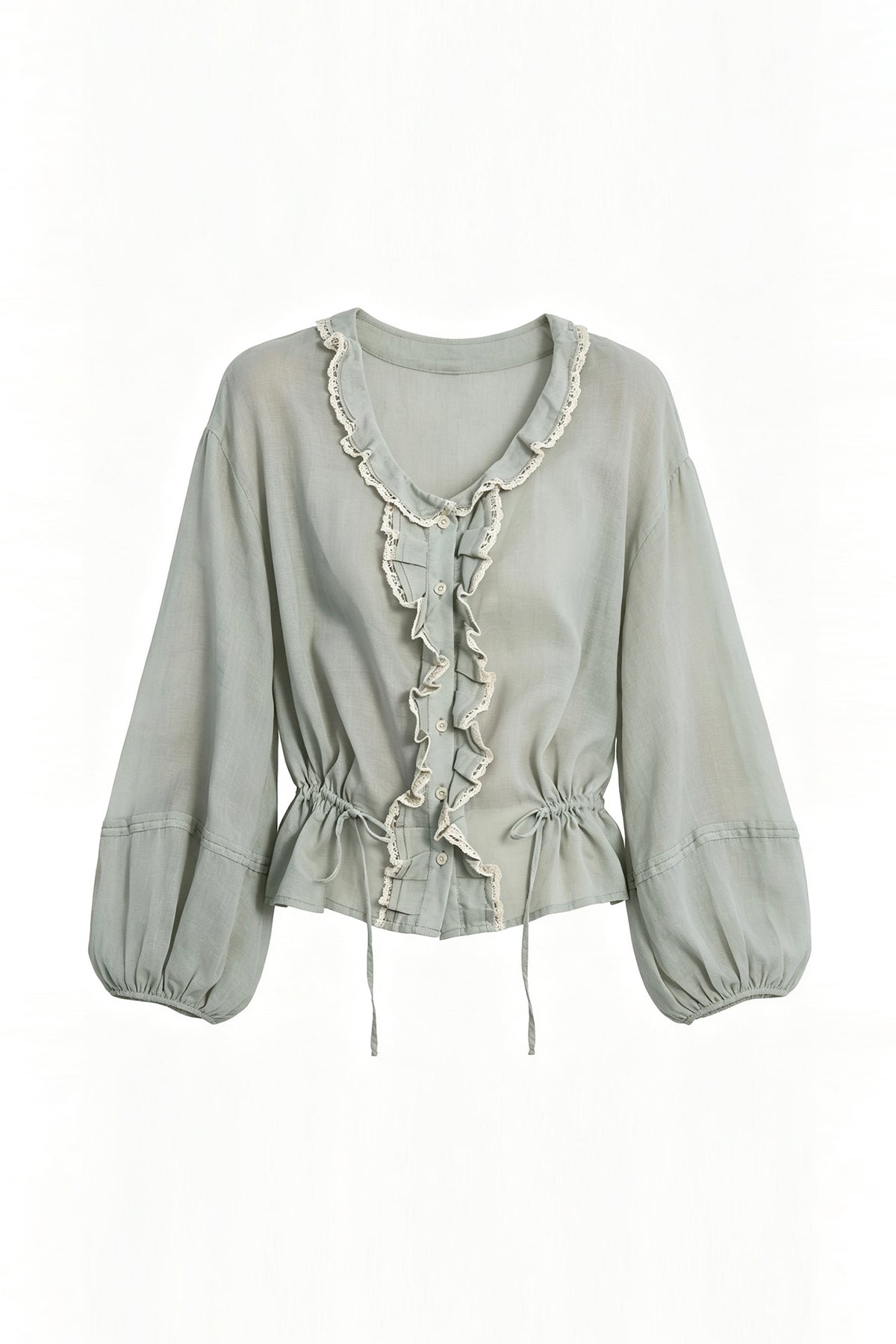 SAME FLOW Lace Trim Ruffle Drawstring Blouse