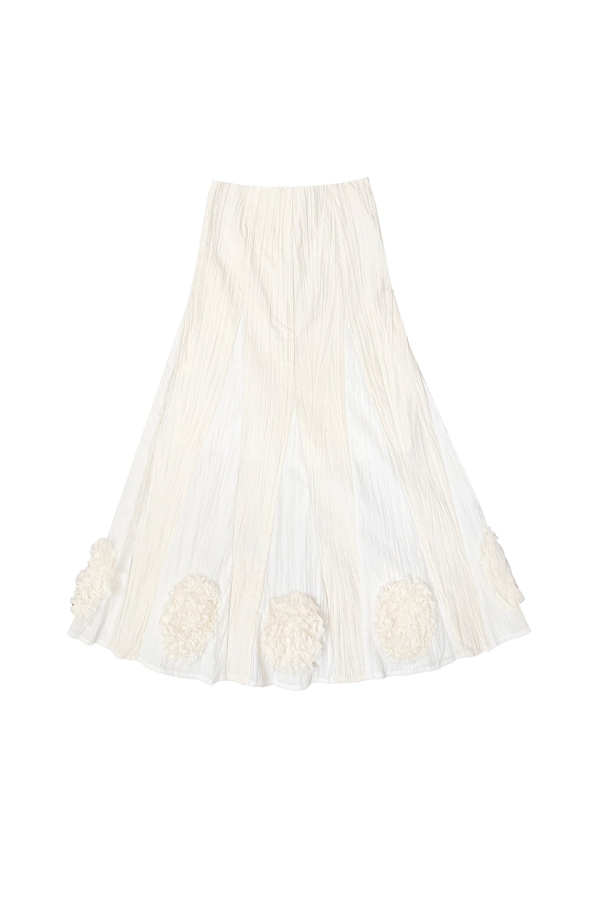 SENSELF Paneled Crinkled Rosette Maxi Skirt Beige