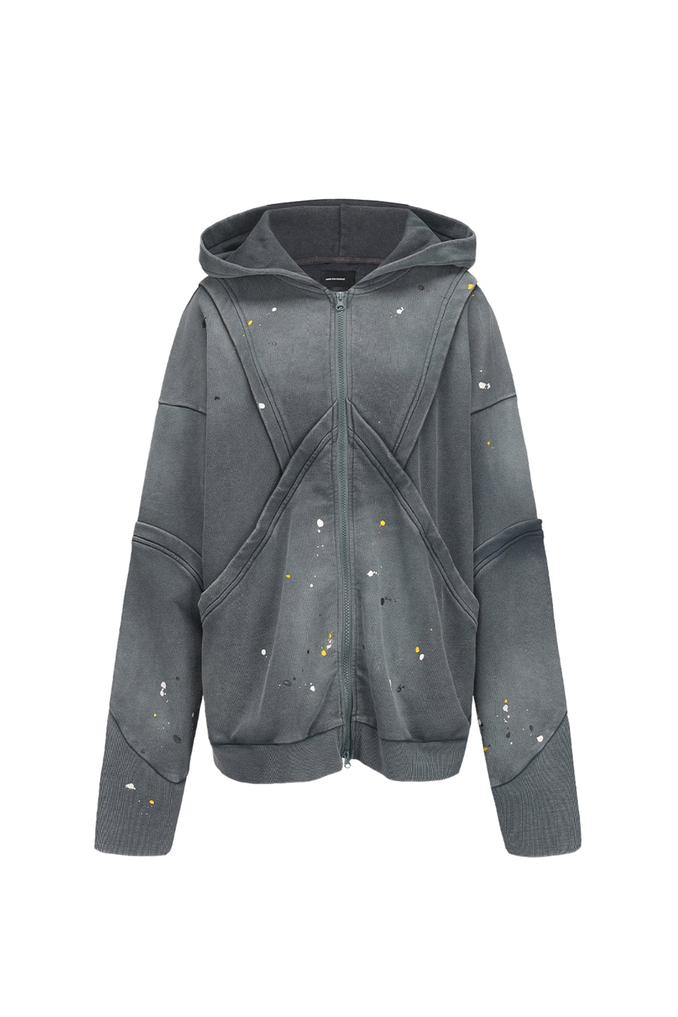 VANN VALRENCE Washed Paint-Splattered Paneled Zip Hoodie