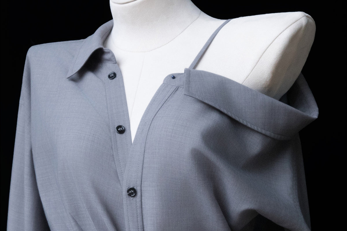 MXU Deconstructed Off-Shoulder Linen Wool Shirt Dress