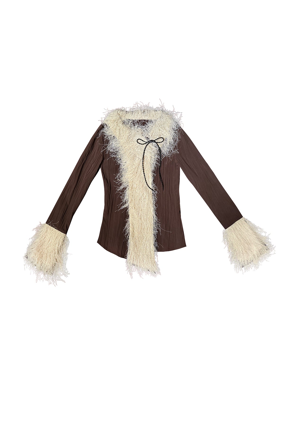 SENSELF Crinkled Faux Fur Trim Tie-Back Blouse Brown