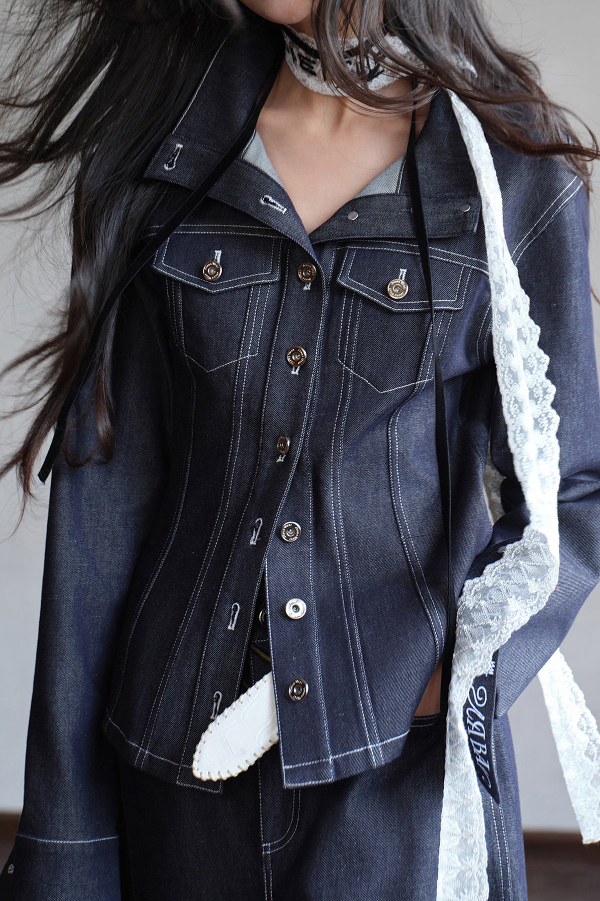 MXU Deconstructed Embroidered Silk-Cotton Cinched Denim Jacket