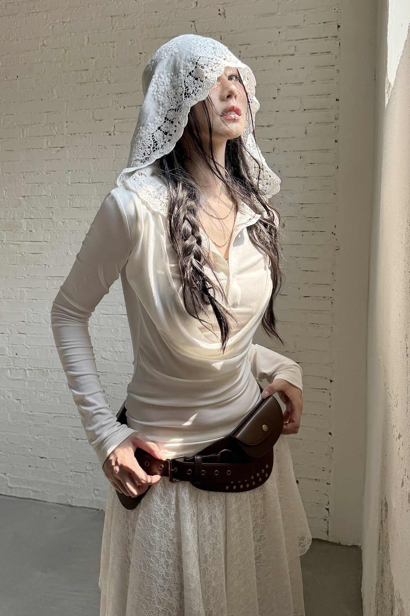 RIDK Layered Cowl Collar Lace Hooded Top