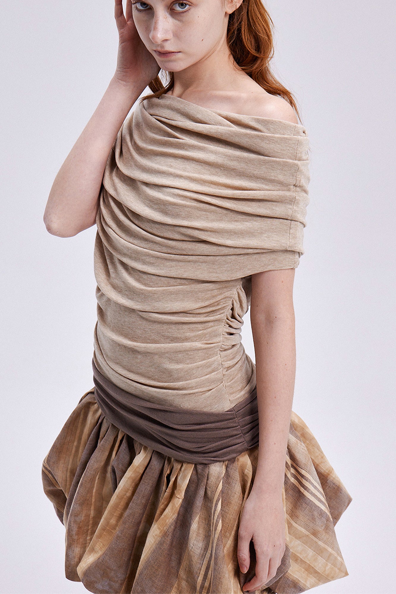 VERSION9 Off-Shoulder Ruched Bubble-Hem Mini Dress