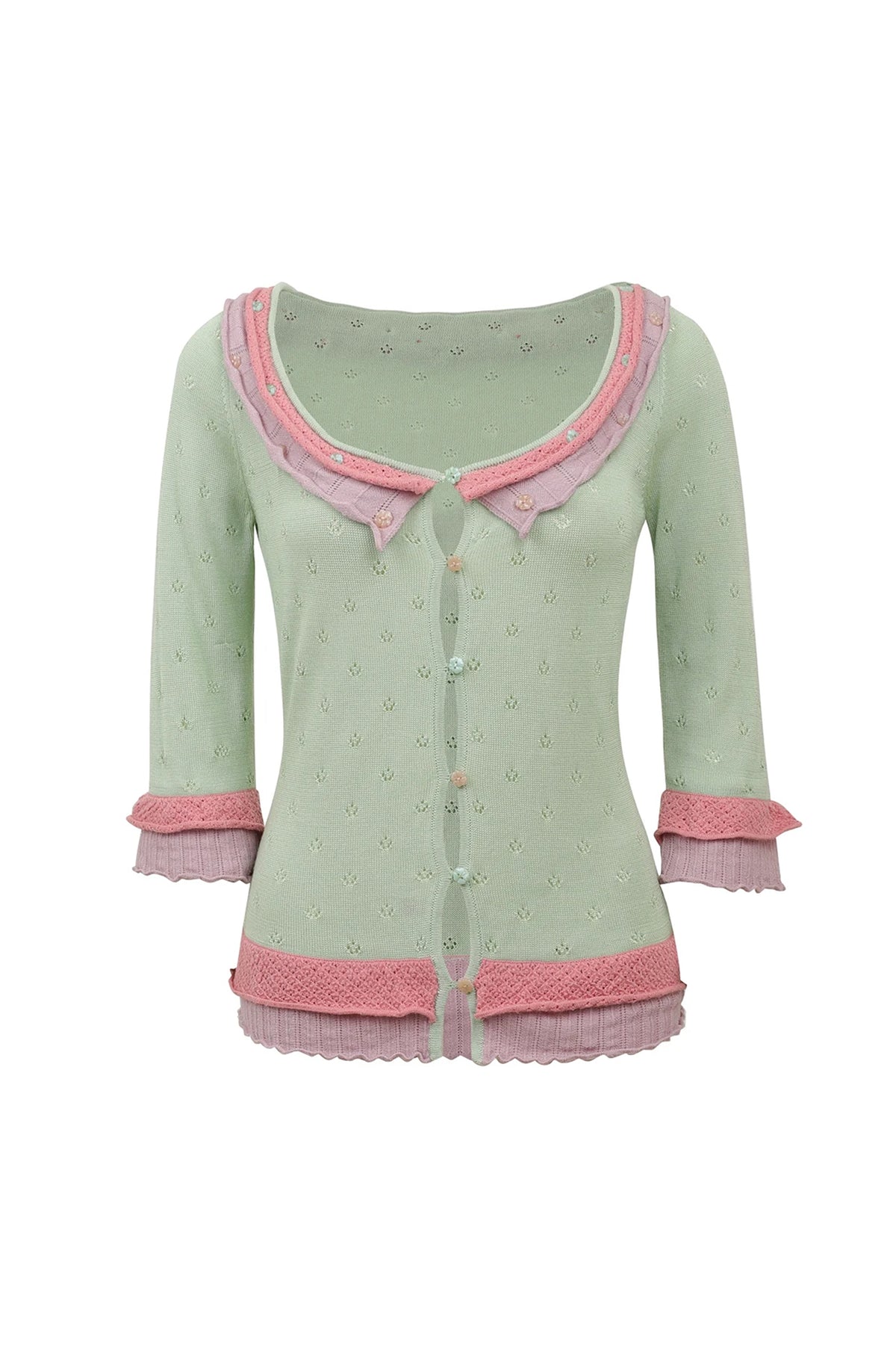 ANNIE ARMOR Contrast Pointelle Ruffle-Trim Cardigan & Skirt Set