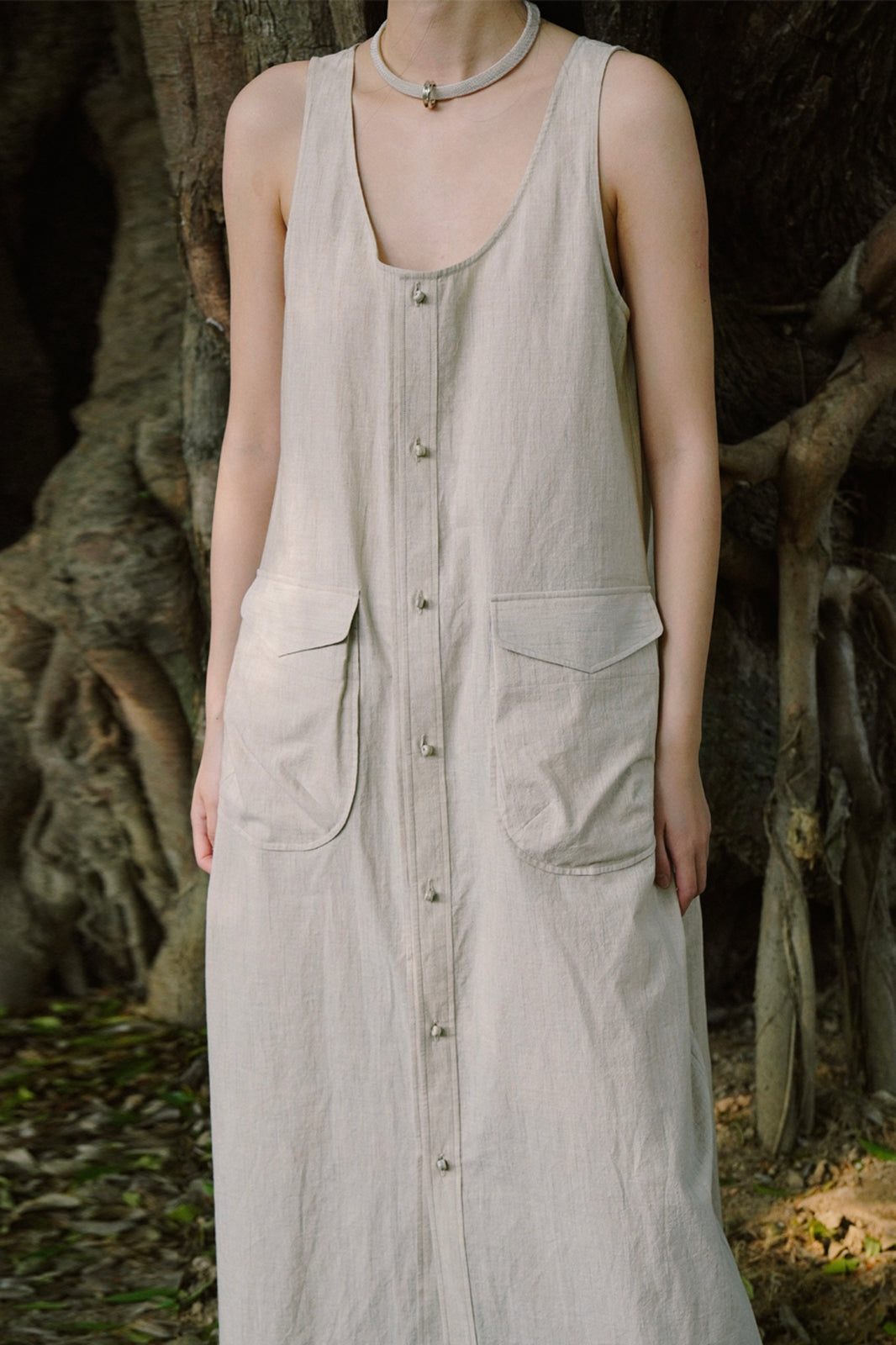 CAIRA Utility Pocket Button-Front Maxi Dress