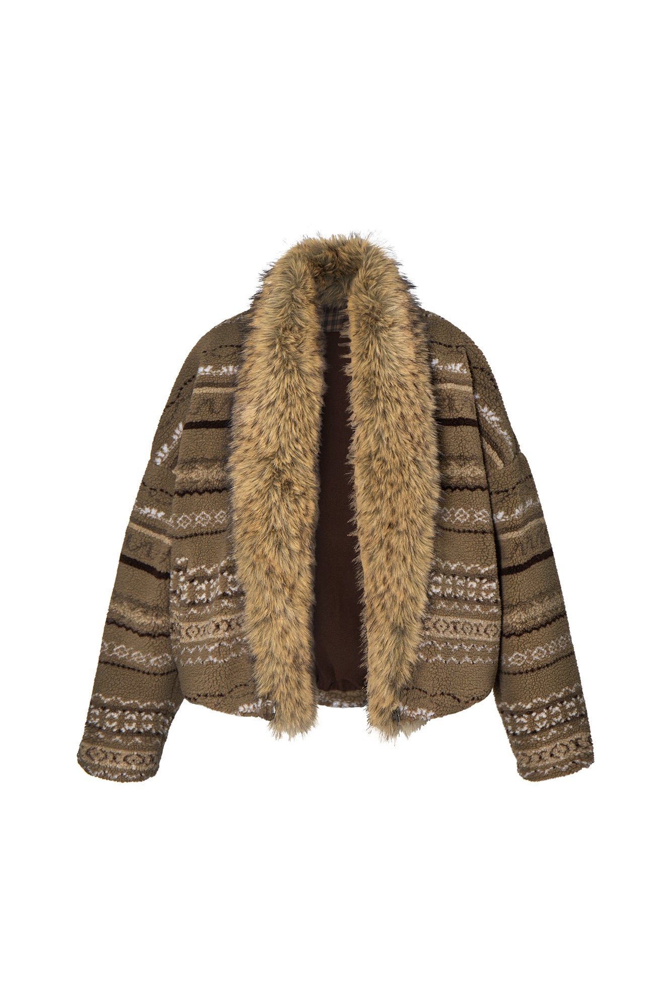 LEONSENSE Detachable Faux Fur Collar Fair Isle Jacket