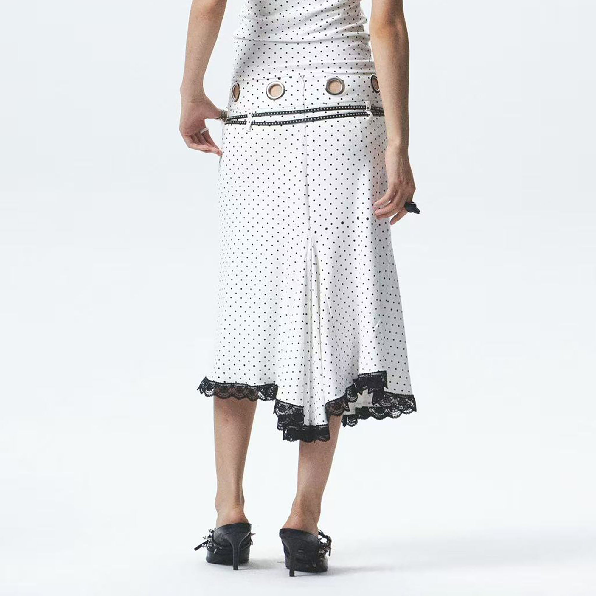 NONAME SPACE Polka-Dot Lace-Trim Asymmetric Midi Skirt
