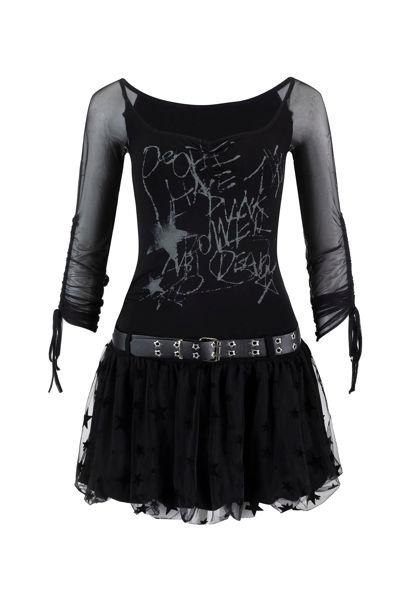 CESTNOUS Sheer-Sleeve Graffiti Mini Dress