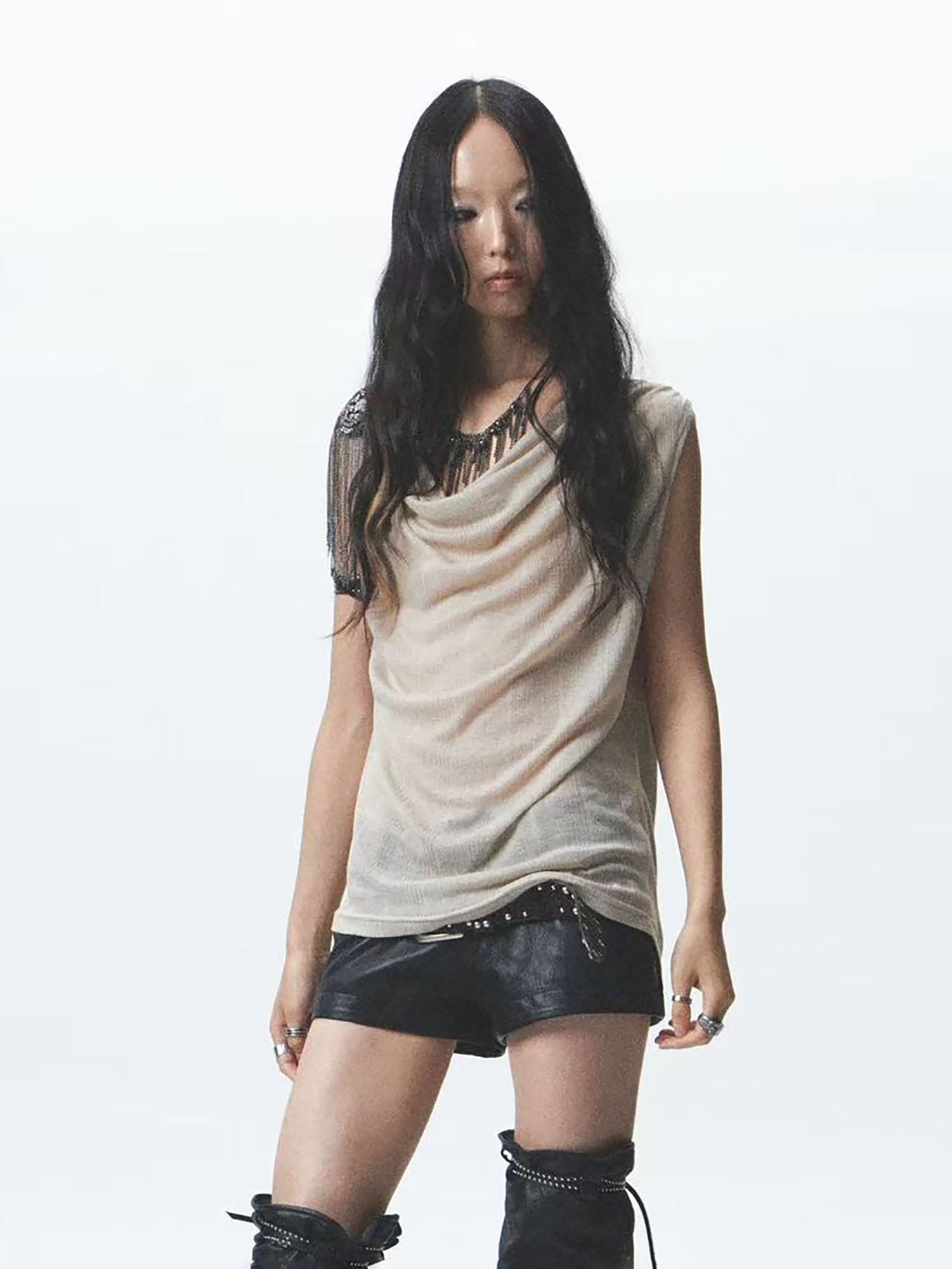 NONAME SPACE Draped Mesh Cross Graphic Top